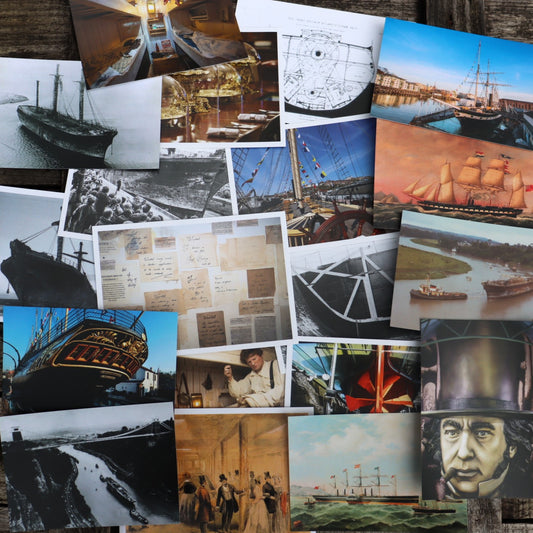 A collection of various postcards featuring historical images of the SS Great Britain, including photographs and paintings.