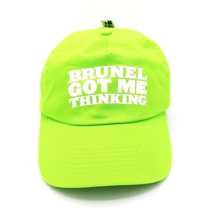 Green child's baseball cap with the slogan 'Brunel Got Me Thinking'