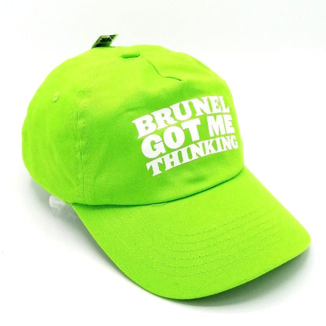 Green child's baseball cap with the slogan 'Brunel Got Me Thinking'