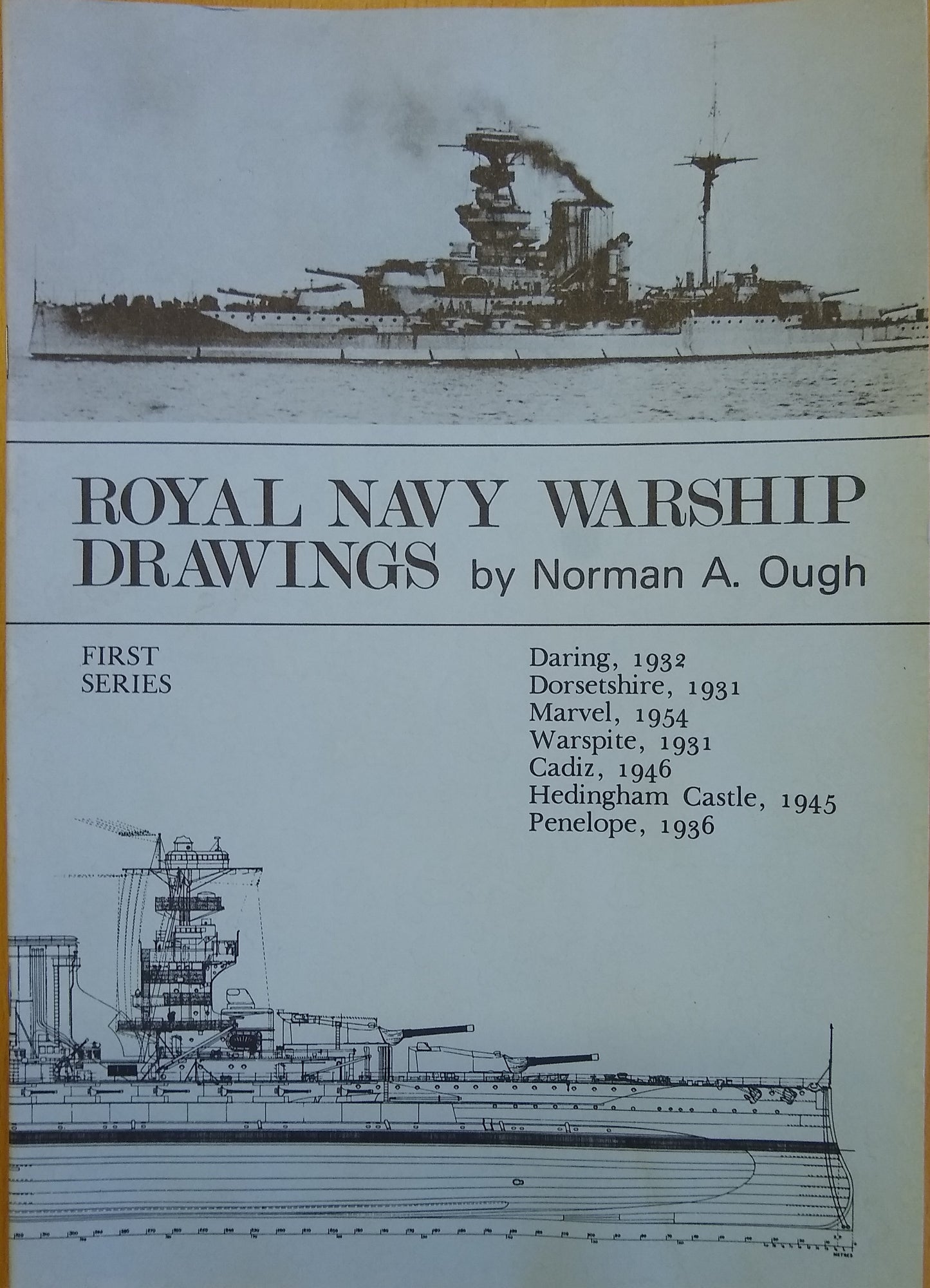 Cover of the book 'Royal Navy Warship Drawings' by Norman A. Ough, featuring illustrations of warships.
