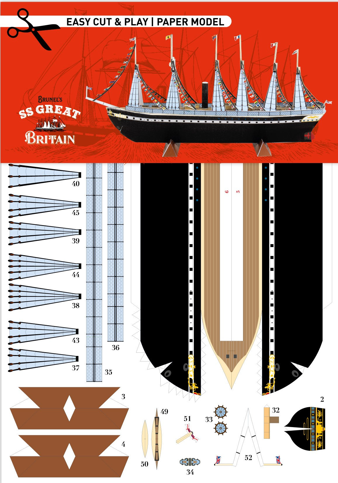 A hand-illustrated paper model kit for the SS Great Britain ship. The kit includes cut-out sections and assembly instructions for the model.