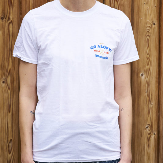 A child wearing a white crew neck t-shirt with the text 'GO ALOFT' printed on the chest.