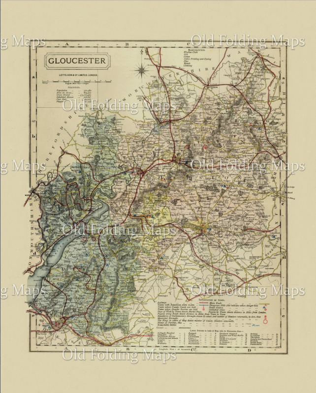 Antique County Map of Gloucestershire circa 1884