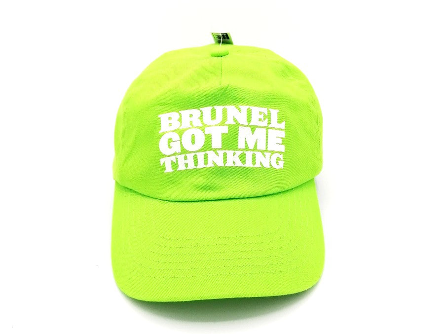 Green child's baseball cap with the slogan 'Brunel Got Me Thinking'