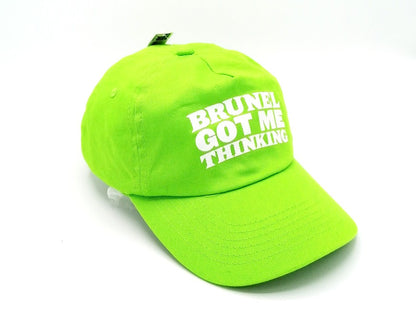 Green child's baseball cap with the slogan 'Brunel Got Me Thinking'