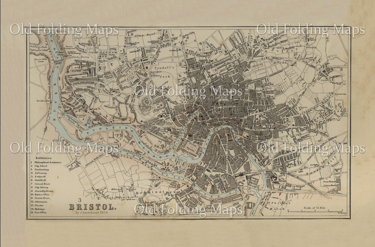 Old Map of Bristol City, England circa 1872