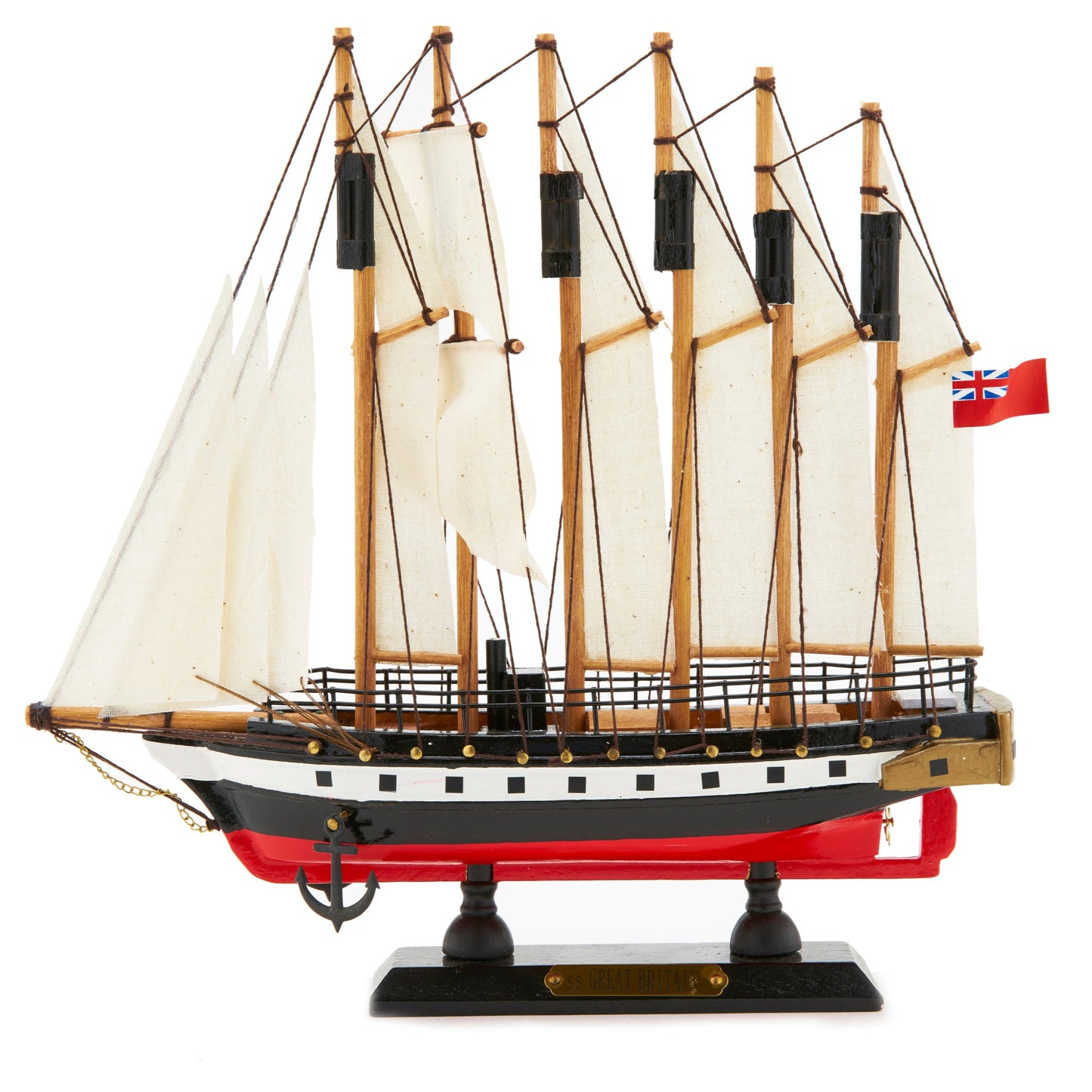 Model ship with white sails and a red base on a white background